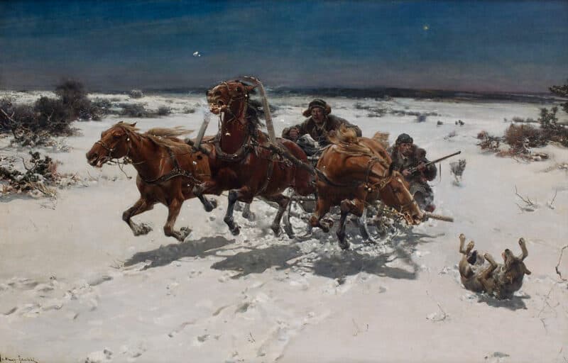 Trójka ścigana przez wilki (funkcjonuje również pod tytułem Ucieczka przed wilkami lub Napad wilków). 1894, 57 x 81,5