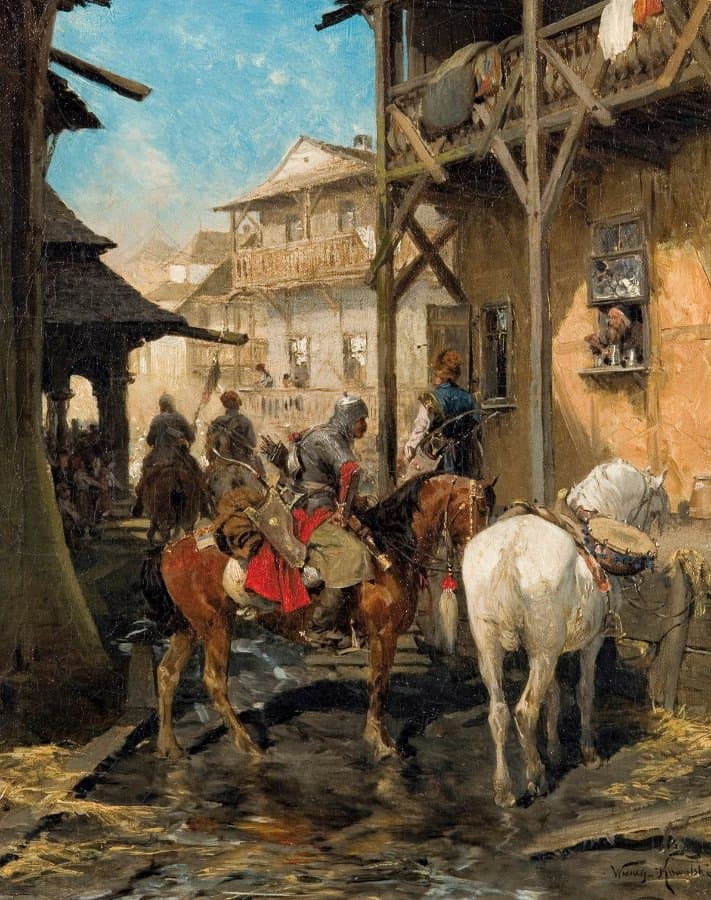 Rozjazd na kwatery za czasów Paska, 1975, olej, płótno, 25,5 x 23,5 cm, kolekcja prywatna