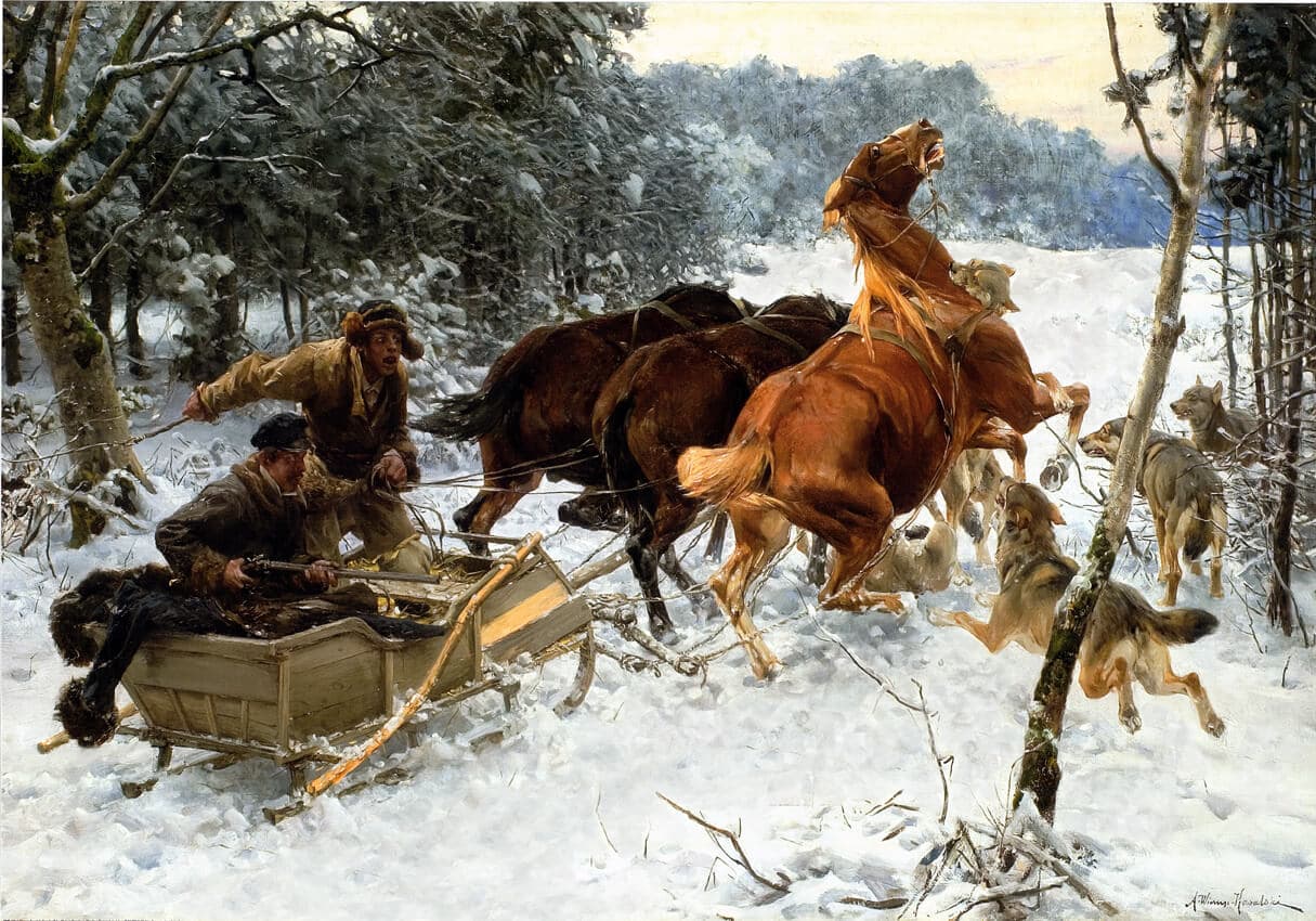 Napad wilków, ok. 1890; 74 x 120,5 cm; Muzeum Narodowe we Wrocławiu