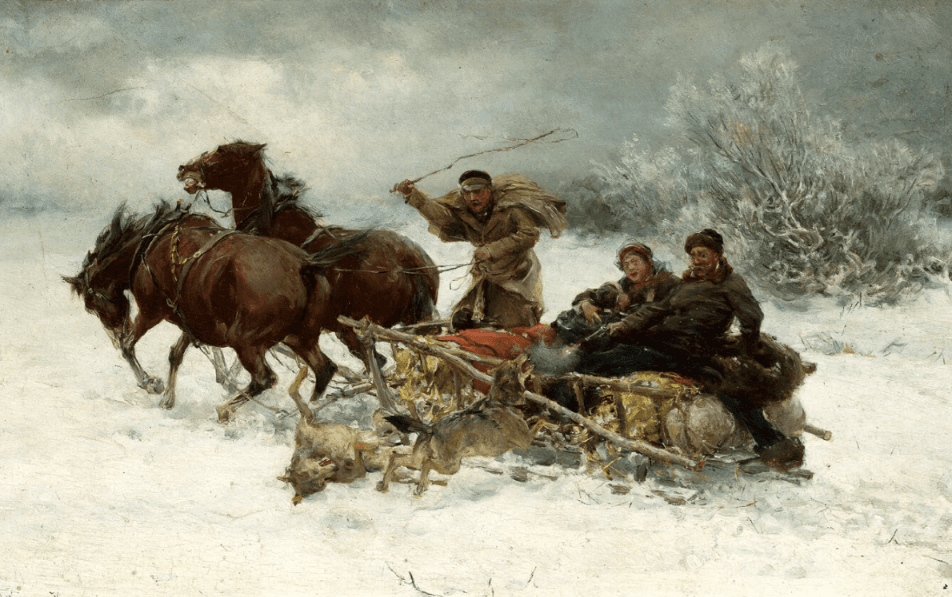 Wilki napadające sanie, ok. 1880–1885; 20 x 31 cm; Muzeum Narodowe w Warszawie