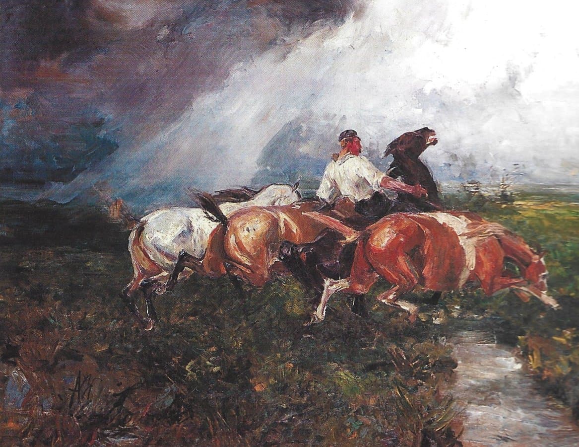 Parobek z końmi na łące przed burzą, ok. 1910; 118 x 180 cm; Muzeum Narodowe w Warszawie